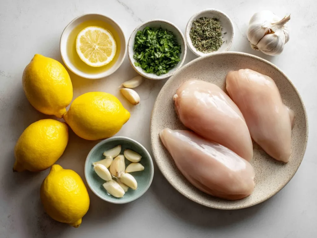 Lemon Garlic Chicken Breast: 4 Secrets To Restaurant Quality 3 Ingredients for lemon garlic chicken breast laid out on kitchen counter