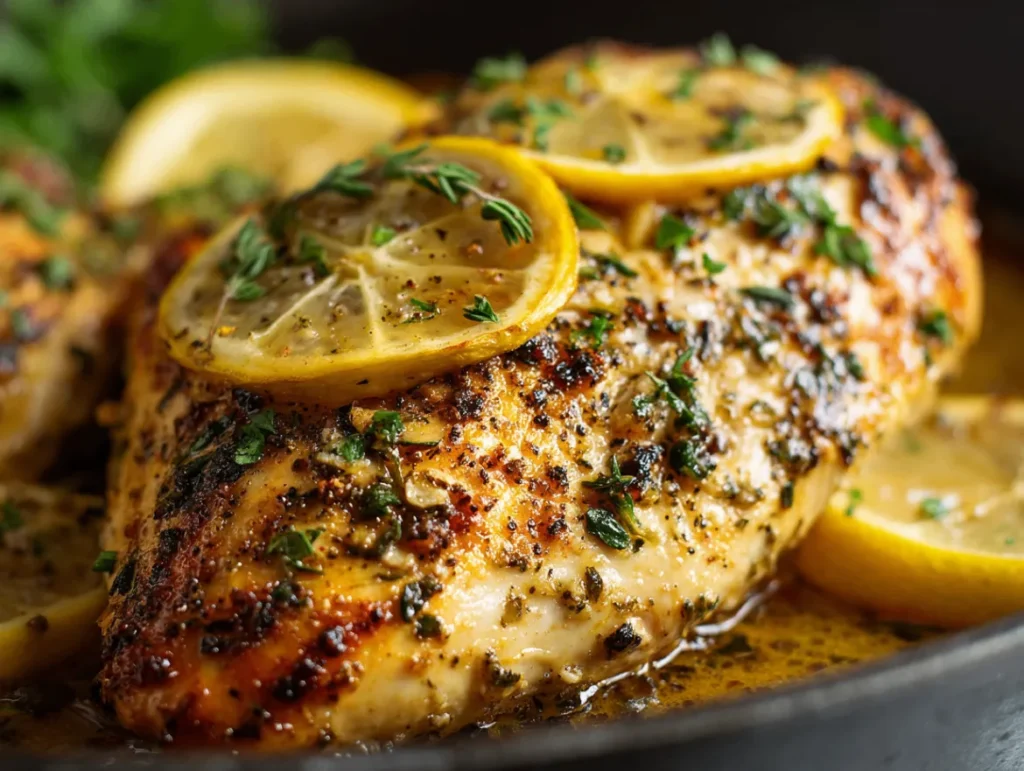 Lemon Garlic Chicken Breast: 4 Secrets To Restaurant Quality 2 Juicy sliced lemon garlic chicken breasts on a white serving platter, glistening with herb-flecked sauce and garnished with fresh lemon slices and sprigs of rosemary