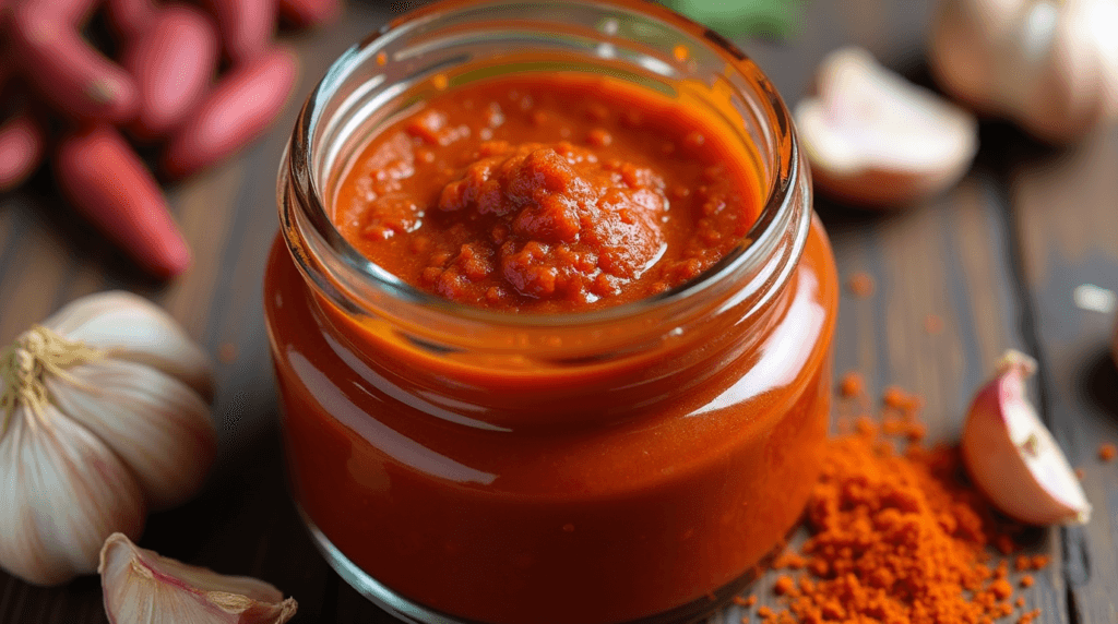 Achiote Paste Chicken Recipe: Bold Flavors in Just 30 Min! 3 A rustic jar of deep red achiote paste, surrounded by key ingredients like annatto seeds, garlic, and aromatic spices.