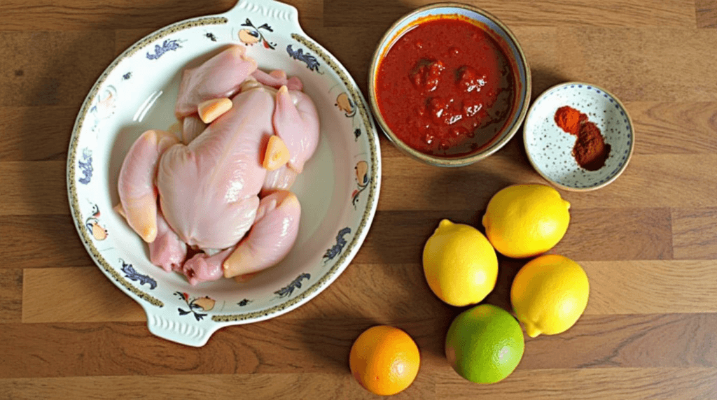 Achiote Paste Chicken Recipe: Bold Flavors in Just 30 Min! 4 resh ingredients for achiote chicken, including raw chicken, achiote paste, citrus fruits, and a blend of spices, beautifully arranged on a rustic wooden table.