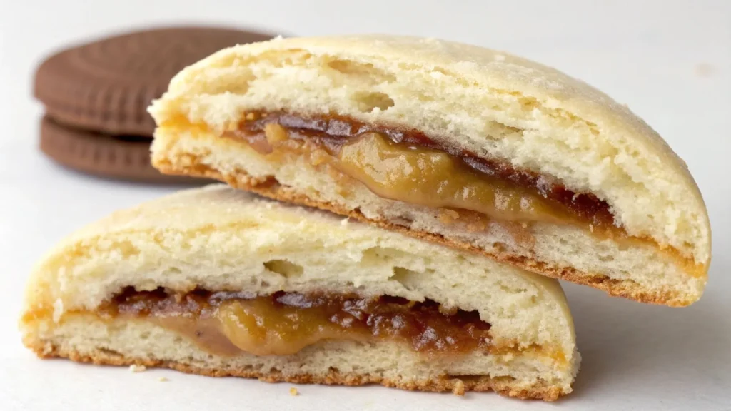 Crookie Recipe: How to Make the Viral Dessert 2 A detailed cross-section of a crookie, revealing its crispy, flaky pastry layers and a rich, gooey cookie dough filling. The perfect blend of croissant and cookie textures.