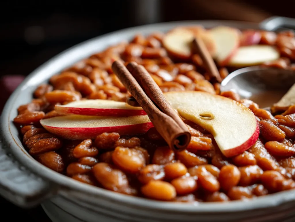 Apple Pie Baked Beans Made Easy with Simple Ingredients 2 Ceramic baking dish containing baked beans with visible apple pieces, cinnamon, and warm spices, topped with a golden crumble resembling apple pie crust.
