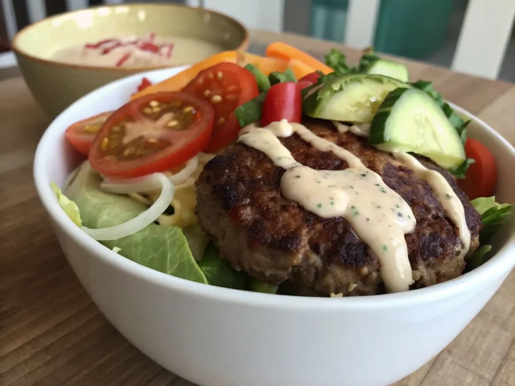Burger Bowl Recipe: A Delicious & Healthy Low Carb Idea 2 A flavorful burger bowl filled with seasoned ground beef, fresh lettuce, tomatoes, cheese, pickles, and a creamy special sauce for a healthy, low-carb meal.