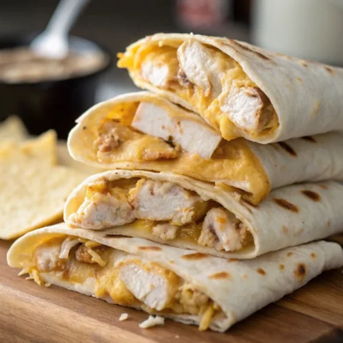 Cheesy Garlic Chicken Wraps Recipe: A 20-Min Savory 5 A delicious cheesy garlic chicken wrap filled with tender chicken, melted cheese, and flavorful garlic sauce, wrapped in a warm tortilla and served with a side of dipping sauce.