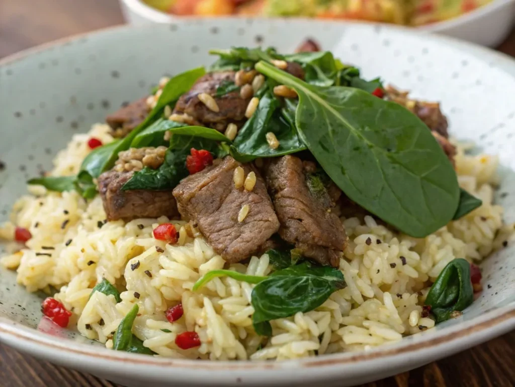 Lamb Lentils Rice Spinach Recipe You’ll Love to Cook Today 3 A close-up shot of a plated dish featuring fluffy rice, tender lamb, and vibrant spinach garnished with fresh herbs.