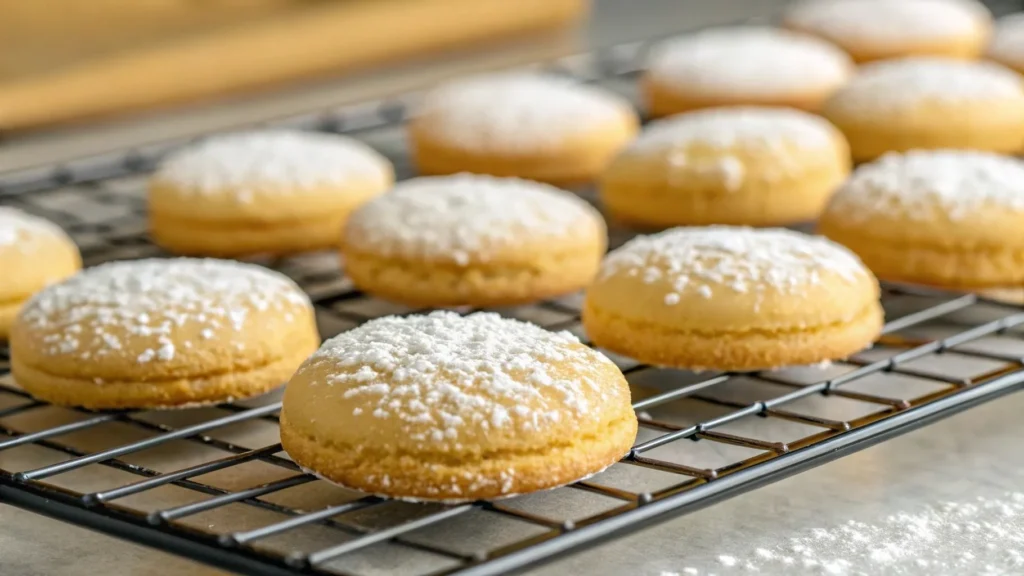Crookie Recipe: How to Make the Viral Dessert 5 A cooling rack holding perfectly golden crookies, lightly dusted with powdered sugar, paired with a small bowl of dipping sauce.