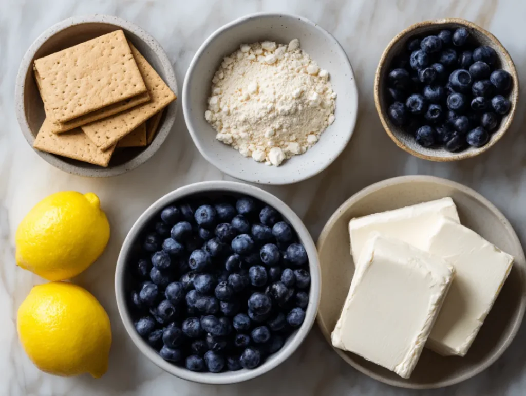 Blueberry Cheese Explained: Everything You Need to Know 3 Ingredients for blueberry cheesecake recipe laid out on marble counter