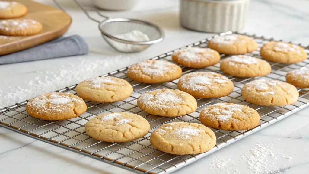How to Make the Viral Crookie: A Must-Try Dessert Hybrid! 6 A finished batch of crookies arranged on a cooling rack, lightly dusted with powdered sugar. The golden-brown croissant-cookie hybrids look crisp on the outside and soft on the inside.