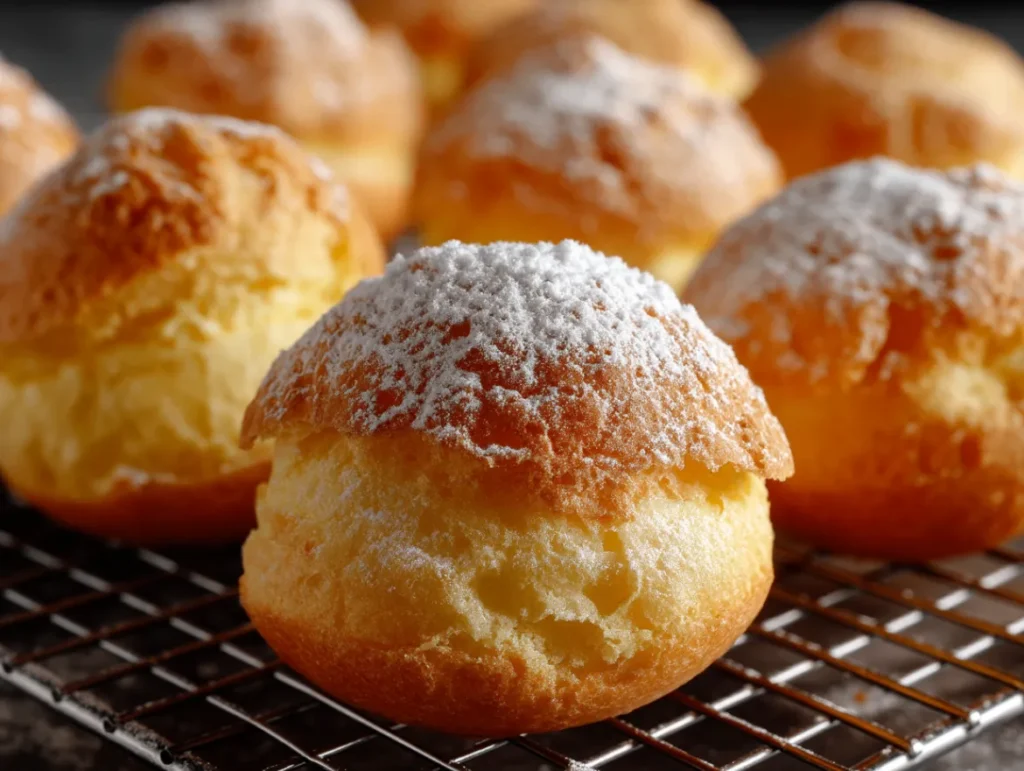 Golden Puffs Cereal: Everything You Need To Know 2 Freshly baked golden-brown pastry puffs arranged on a wire cooling rack, showing their puffy texture and flaky layers.