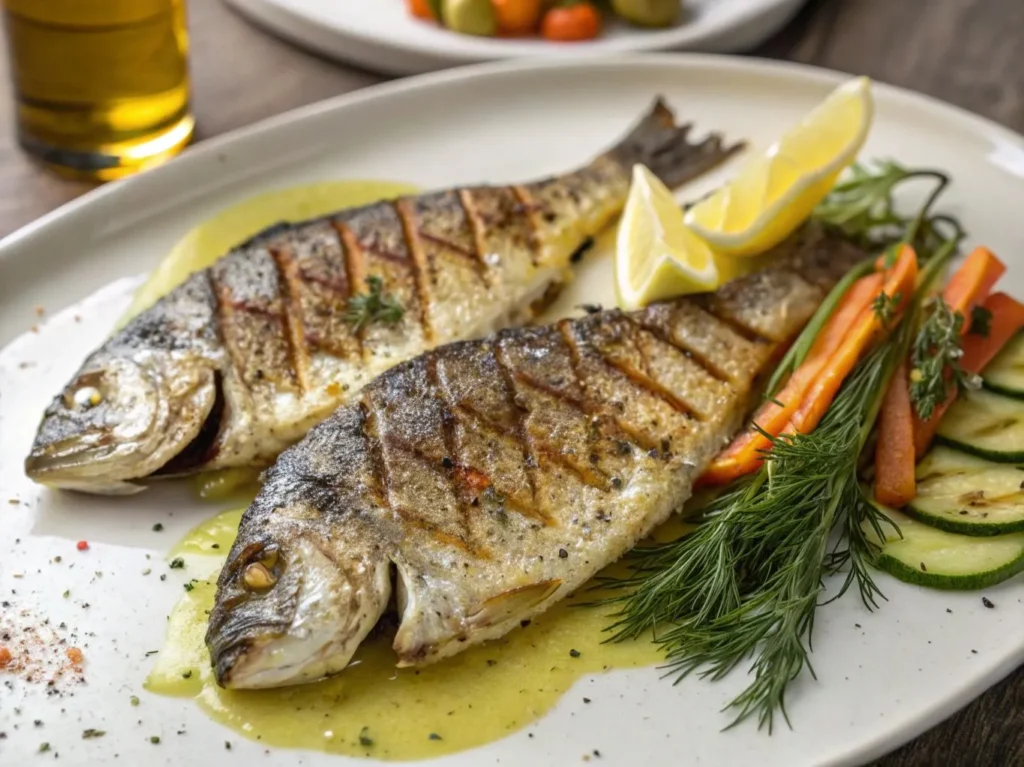 Grilled Dorado Fish Recipes: 10 Irresistible Ways to Savor 4 A beautifully plated grilled dorado fillet garnished with bright lemon slices and fresh parsley, served alongside a vibrant medley of seasonal vegetables.