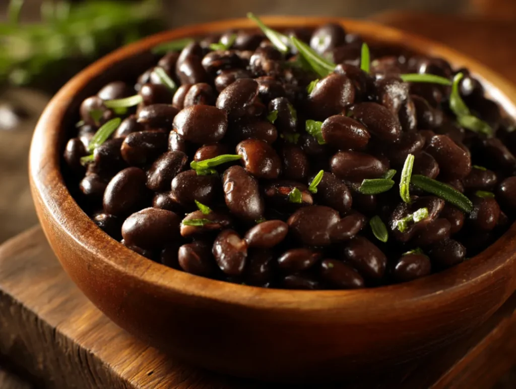 Black Beans: 5 Amazing Recipes for Perfect Results Every Time 2 Simmered black beans in a rustic pot with visible herbs, spices, and aromatics, showing their glossy texture and rich sauce.
