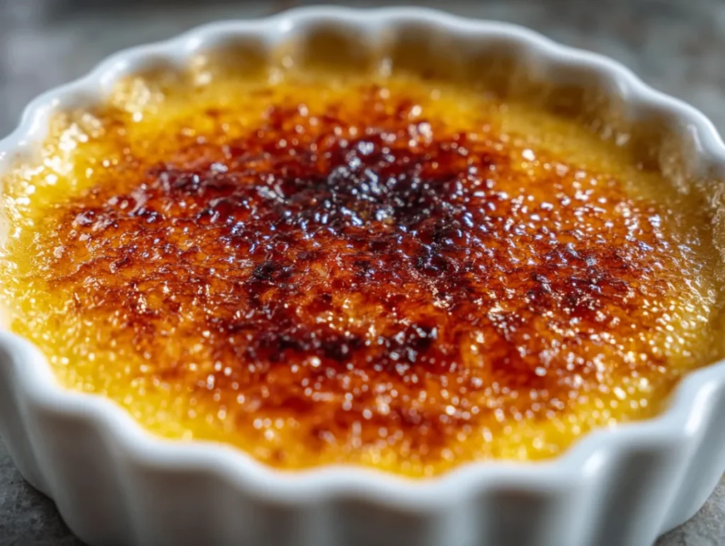 How to Mess Up Crème Brûlée: Common Mistakes Explained 2 Individual ramekin of crème brûlée with a perfectly caramelized golden-brown sugar top, served with fresh berries and mint on a dark slate surface.