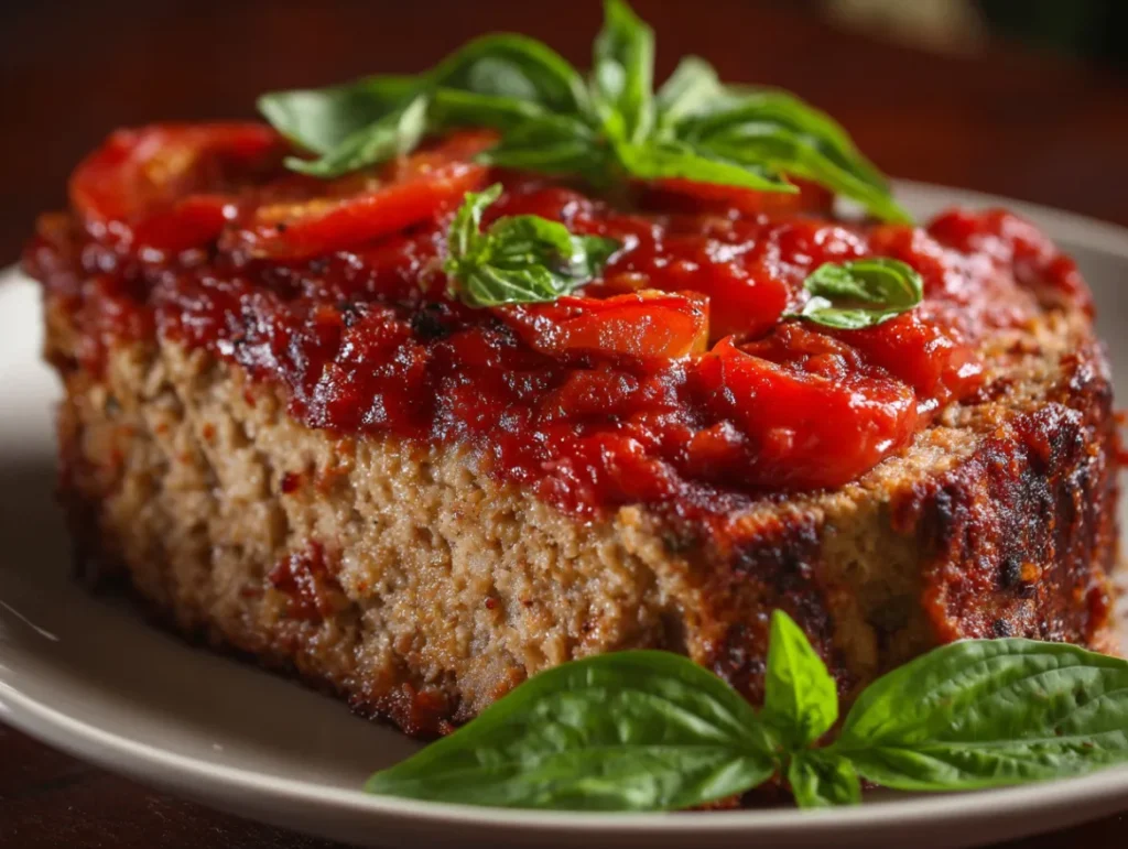Italian Meatloaf: How to Make the Best Version Ever 2 Sliced homemade Italian meatloaf on a white serving platter with fresh herbs, tomato sauce, and melted cheese visible throughout.