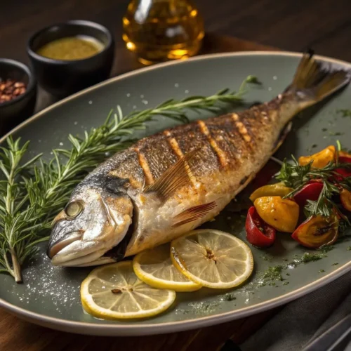 How to Serve Dorada Perfectly: 10 Tips for a Restaurant-Style 3 A beautifully plated whole dorada fish with golden, crispy skin, garnished with fresh herbs, lemon wedges, and a drizzle of olive oil, served on an elegant dining table.