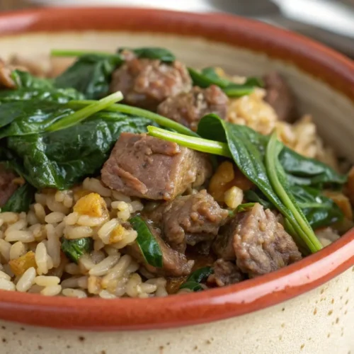 Lamb Lentils Rice Spinach Recipe You’ll Love to Cook Today 5 A hearty dish featuring tender lamb pieces, savory lentils, fluffy rice, and vibrant spinach arranged artfully on a plate.