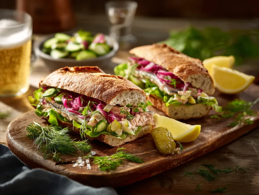 Matjesbrötchen Recipe: 3 Easy Steps To Make It Right 4 Traditional German Matjesbrötchen sandwich featuring matjes herring fillets on a crusty bread roll with thinly sliced onions and fresh dill garnish
