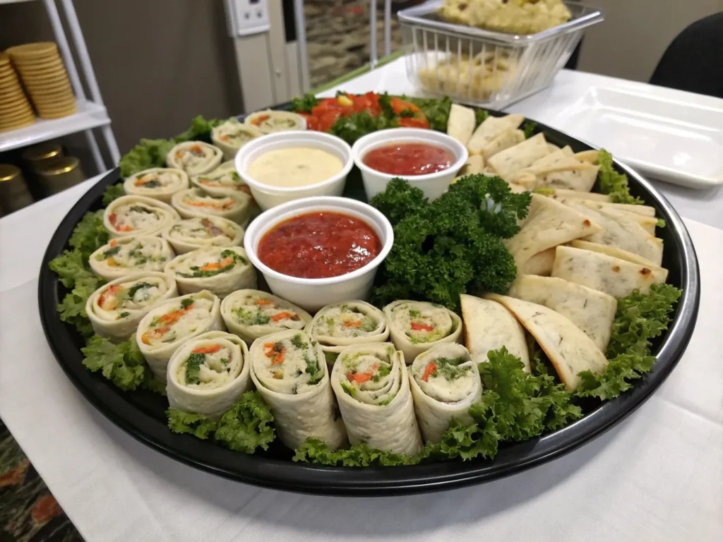 Cheesy Garlic Chicken Wraps Recipe: A 20-Min Savory 4 A vibrant party platter featuring mini wrap slices arranged neatly with a variety of dipping sauces, garnished with fresh parsley and colorful ingredients.