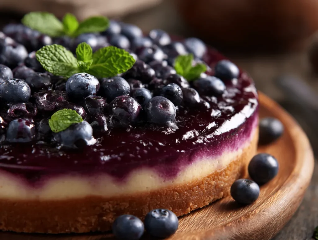 Blueberry Cheese Explained: Everything You Need to Know 2 A slice of creamy blueberry cheesecake on a white plate, topped with glossy blueberry sauce and fresh berries, with a golden graham cracker crust visible at the bottom