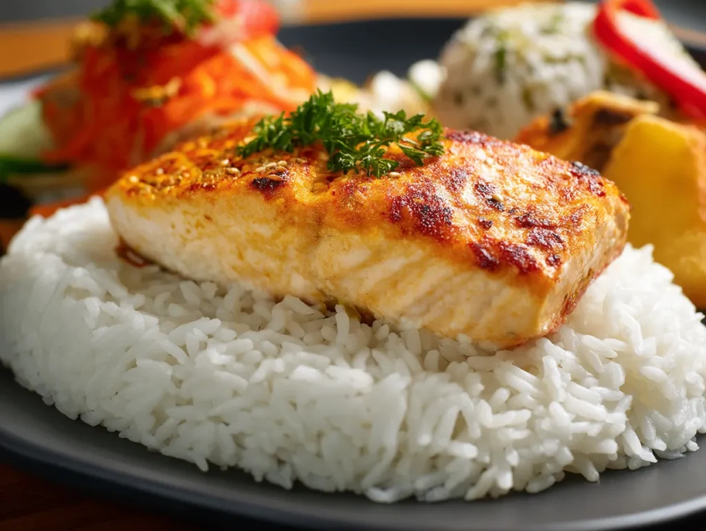 Rice Hack Recipe: Perfect Rice Every Time Made Easy 4 Mound of fluffy white rice served alongside a colorful main dish on a decorative plate, showing individual grains and ideal texture.