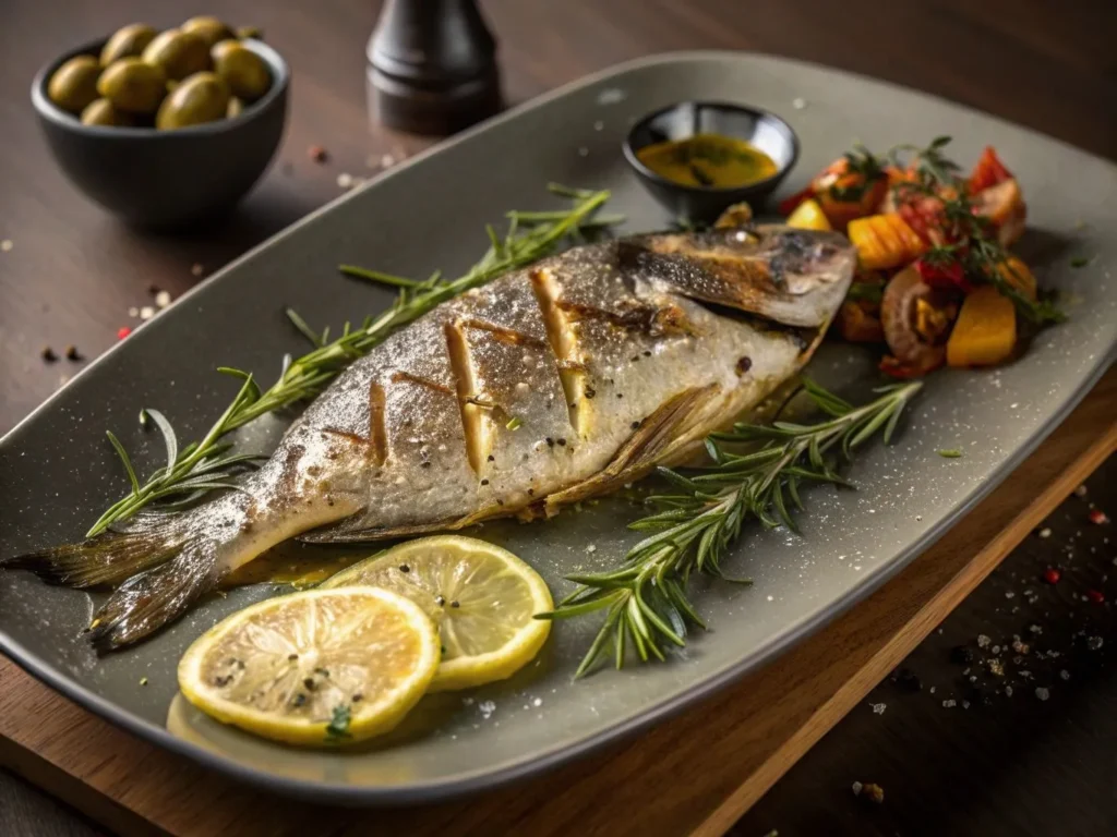How to Serve Dorada Perfectly: 10 Tips for a Restaurant-Style 4 A whole, golden-brown dorada fish, beautifully plated with fresh herbs, lemon wedges, and a light drizzle of olive oil for the perfect final touch.