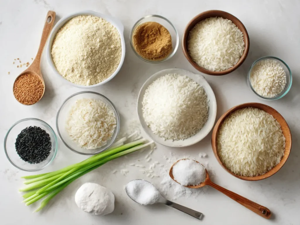 Rice Hack Recipe: Perfect Rice Every Time Made Easy 3 Kitchen counter with all ingredients for perfect rice including uncooked rice, water, salt, and optional seasonings arranged neatly with measuring tools.
