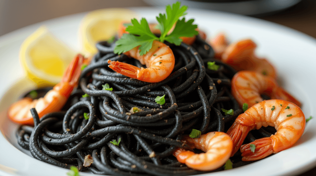 What is Black Spaghetti? Recipes, Health Benefits, and Tips 2 A beautifully plated dish of black spaghetti with a light seafood medley.