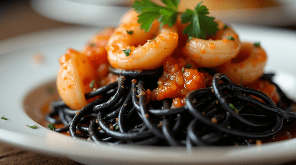 What is Black Spaghetti? Recipes, Health Benefits, and Tips 4 A close-up of black spaghetti served with a seafood sauce, garnished with parsley