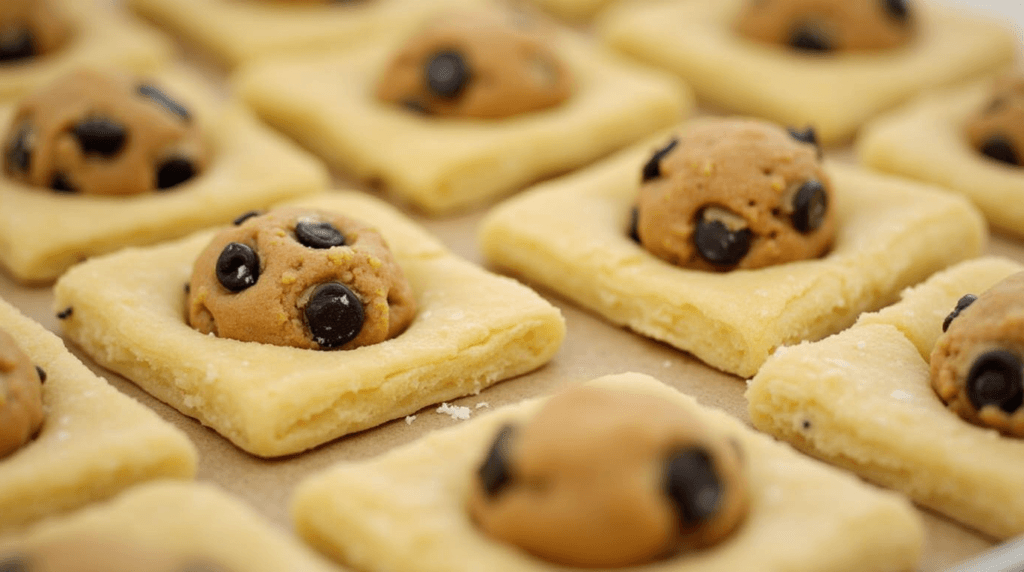 How to Make the Viral Crookie: A Must-Try Dessert Hybrid! 4 A close-up view of croissant dough squares, each with a ball of cookie dough placed at the center, ready for baking.