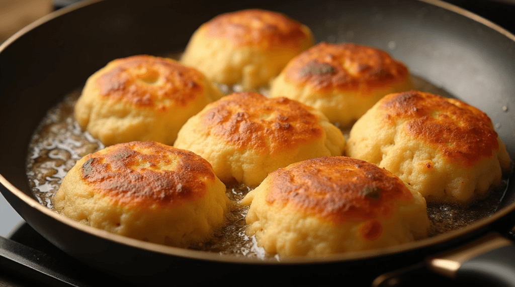 Spicy Potato Bolani Recipe: How to Make It at Home 4 Spicy potato Bolani being pan-fried to golden perfection in a skillet.