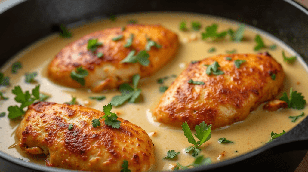Galena Chicken Recipe: Delicious Twist for Your Dinner Table 3 A photo of golden-brown chicken breasts simmering in a creamy sauce in a cast-iron skillet, with sprigs of fresh parsley on top.
