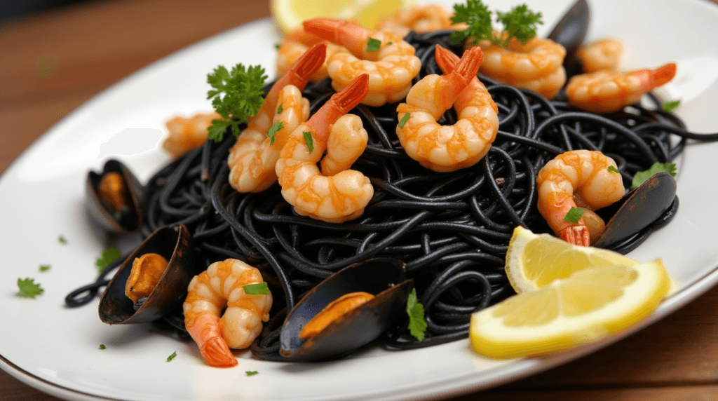 What is Black Spaghetti? Recipes, Health Benefits, and Tips 3 A plate of black spaghetti loaded with shrimp, scallops, and mussels, garnished with parsley and served with lemon wedges on the side.