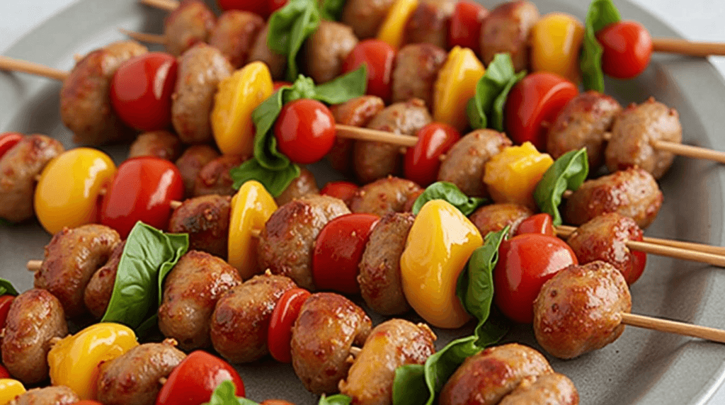 Aidells Chicken Apple Sausage Recipes: 10 Best Dishes 4 A beautifully arranged platter of skewers featuring sausage, cherry tomatoes, fresh basil leaves, and cheddar cheese, offering a vibrant and appetizing display.