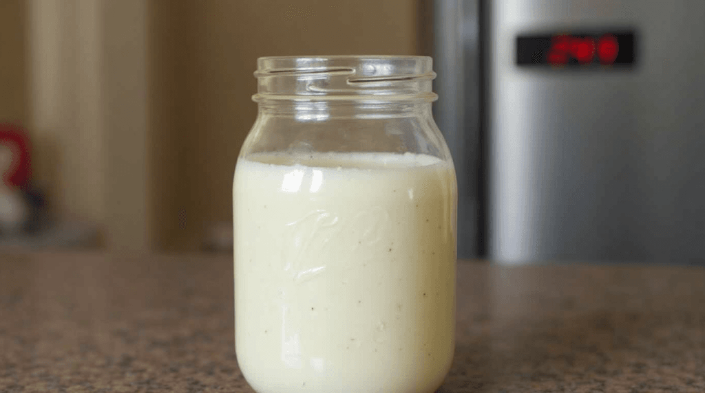Outback Ranch Recipe: Creamy, Delicious, and Easy 2 A sealed glass jar of creamy ranch dressing sitting in front of a fridge, with a clock showing 2 hours, indicating the chilling time for the flavors to meld.