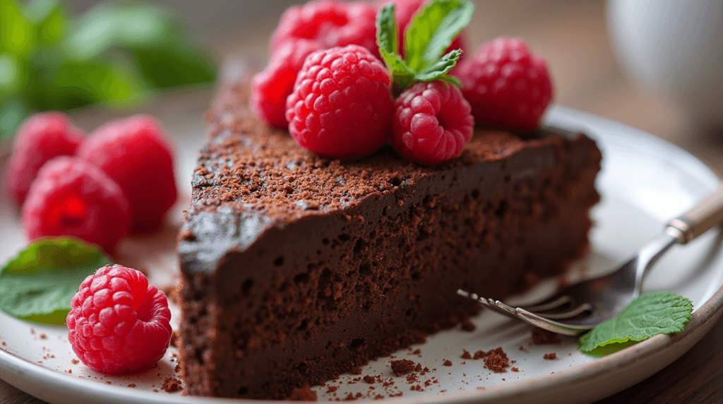 Gluten-Free Potluck Recipes to Wow Every Guest 3 Flourless chocolate cake topped with powdered sugar and fresh raspberries