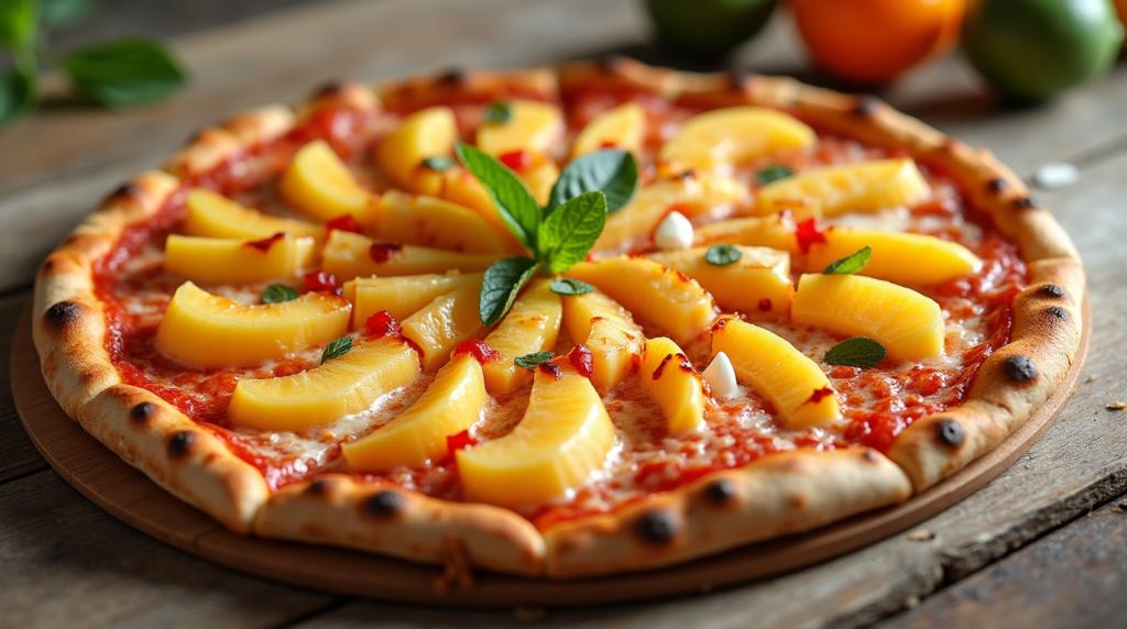 A sliced tropical pizza