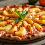 A sliced tropical pizza