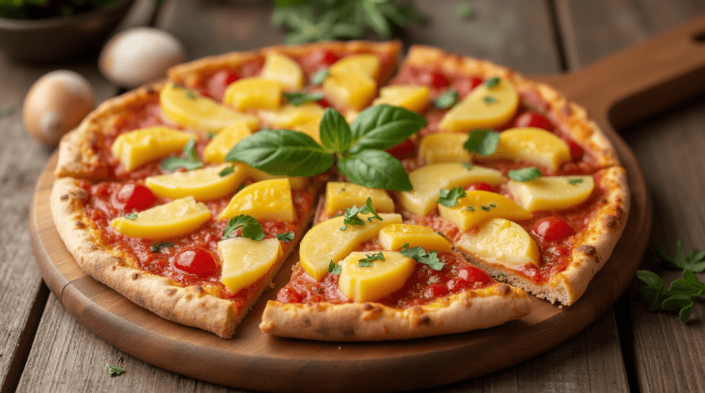 A sliced tropical pizza on a wooden board.