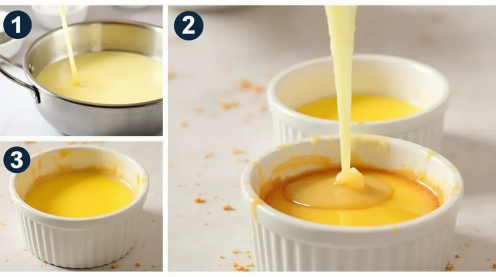 Crab Brûlée Recipe: A Gourmet Seafood Delight You Must Try 3 A step-by-step collage of custard being poured into ramekins placed in a water bath for baking.