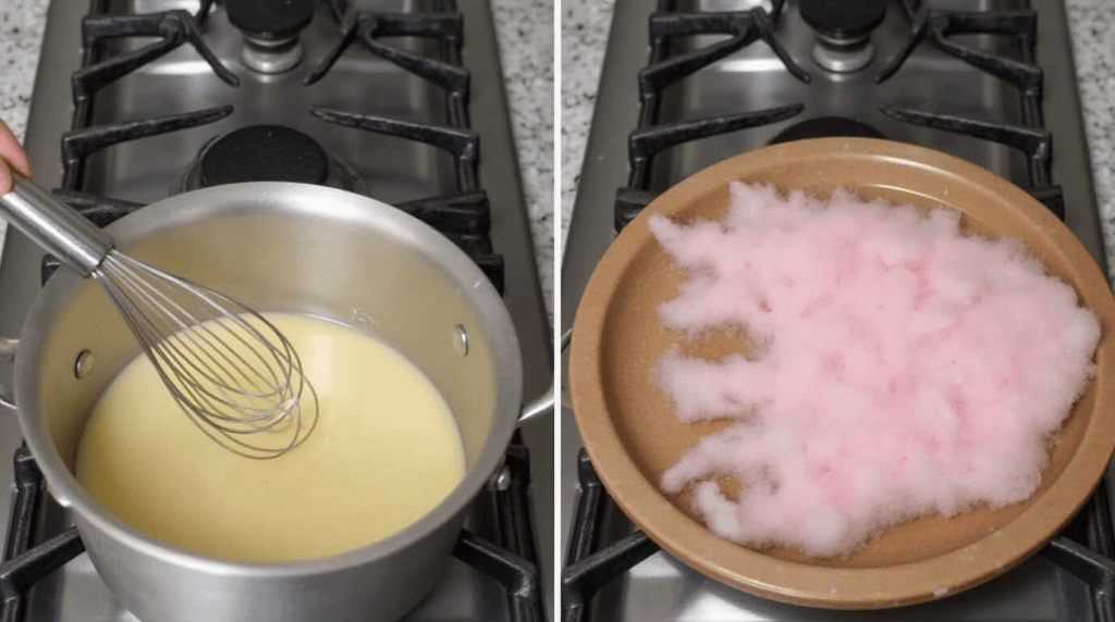 Pink Cotton Candy Recipe: How to Make The Best Fluffy Treat 4 A stovetop setup with a saucepan of sugar syrup, a whisk being used to spin sugar strands, and a baking sheet with pink cotton candy threads.