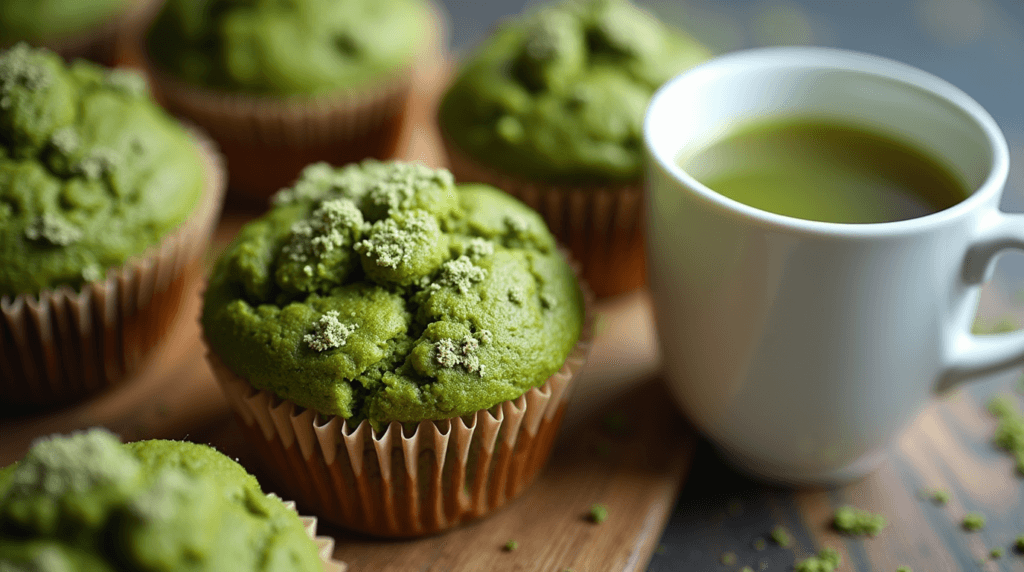 Matcha Muffin Recipe: Perfectly Delicious, Easy, and Healthy! 2 A plate of freshly baked golden-brown matcha muffins topped with a sprinkle of powdered sugar, surrounded by vibrant green matcha powder and a cup of tea.