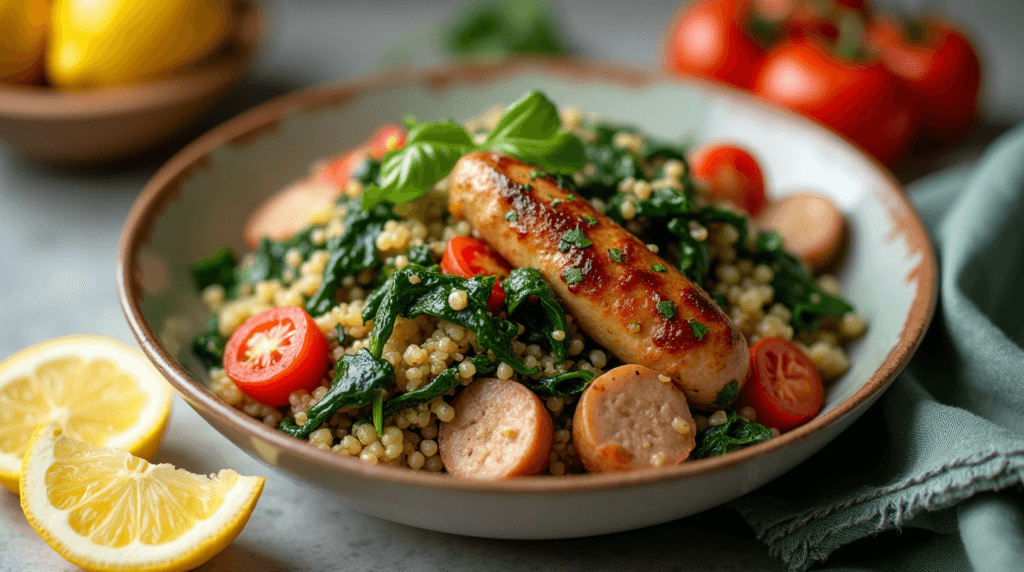 Aidells Chicken Apple Sausage Recipes: 10 Best Dishes 6 A colorful quinoa bowl topped with savory sausage, fresh spinach, juicy cherry tomatoes, and a drizzle of zesty lemon dressing, served in a rustic bowl.