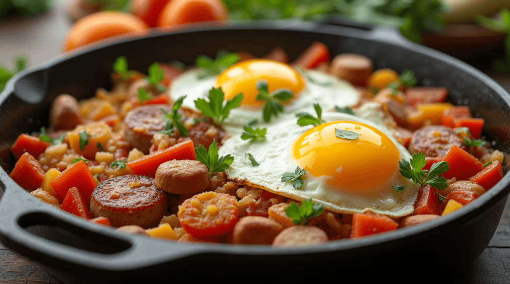 Aidells Chicken Apple Sausage Recipes: 10 Best Dishes 2 A sizzling cast-iron skillet filled with golden-brown sausage, bright bell peppers, cherry tomatoes, and sunny-side-up eggs, garnished with fresh herbs.