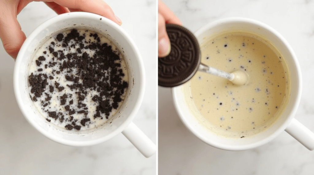 Oreo Mug Cake Recipe: Quick & Delicious 5-Minute Dessert 2 A mug filled with crushed Oreos and milk being stirred into a smooth, rich batter, ready for microwaving into a warm and gooey Oreo mug cake.