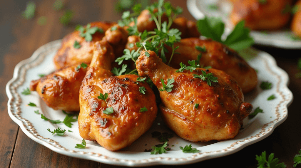 Jezebel Chicken Crockpot Recipe: A Sweet & Spicy Delight 2 Image of a plate of golden-brown Jezebel chicken garnished with herbs.