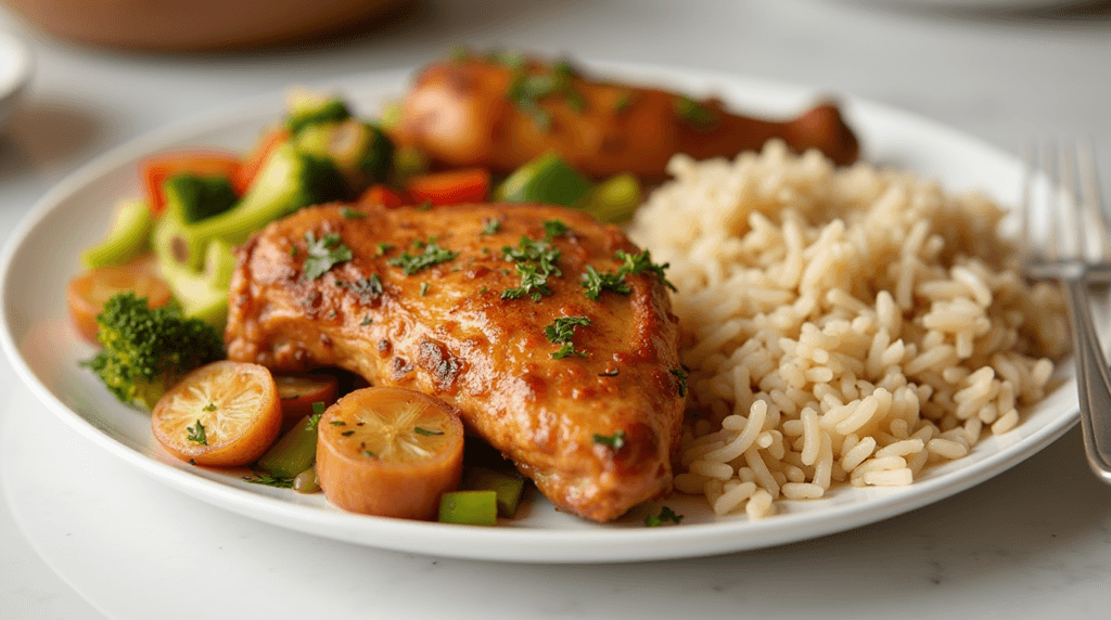 Jezebel Chicken Crockpot Recipe: A Sweet & Spicy Delight 4 Image of Jezebel chicken with rice and veggies on a serving plate.