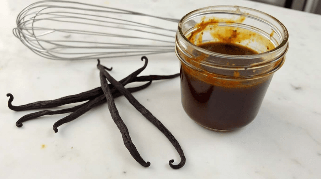 Best Vanilla Paste Recipe: A Must-Have for Bakers 2 A jar of homemade vanilla paste alongside fresh vanilla beans and a whisk on a kitchen counter, ready for baking.