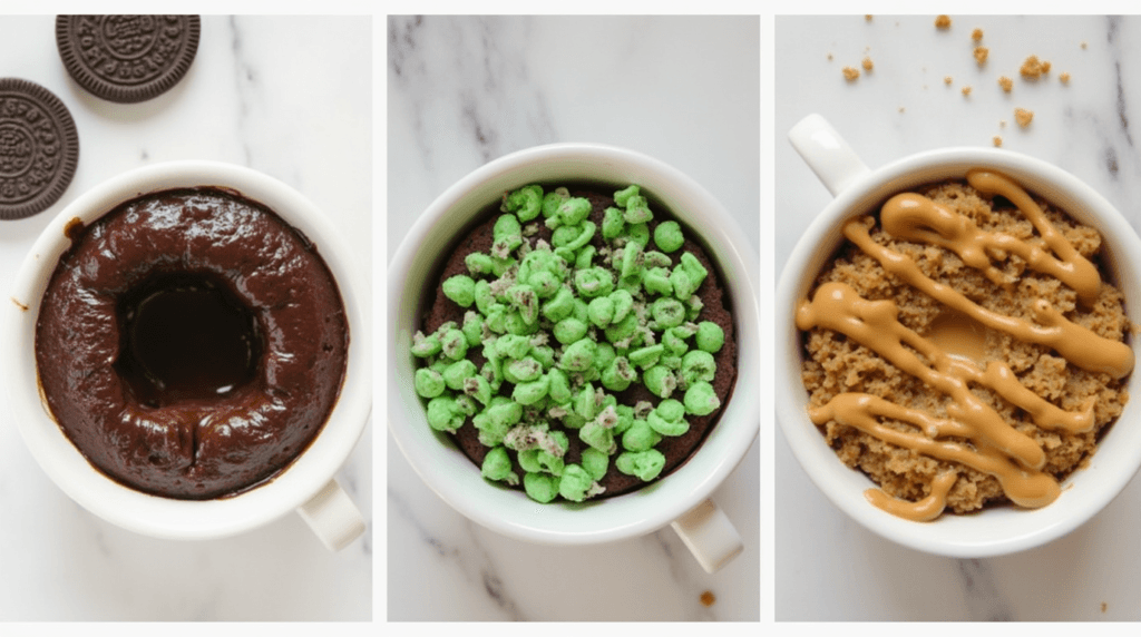 Oreo Mug Cake Recipe: Quick & Delicious 5-Minute Dessert 3 A collage showcasing different Oreo mug cake variations, including a rich chocolate lava version, a vanilla swirl edition, and a classic fluffy Oreo mug cake, each topped with delicious toppings.