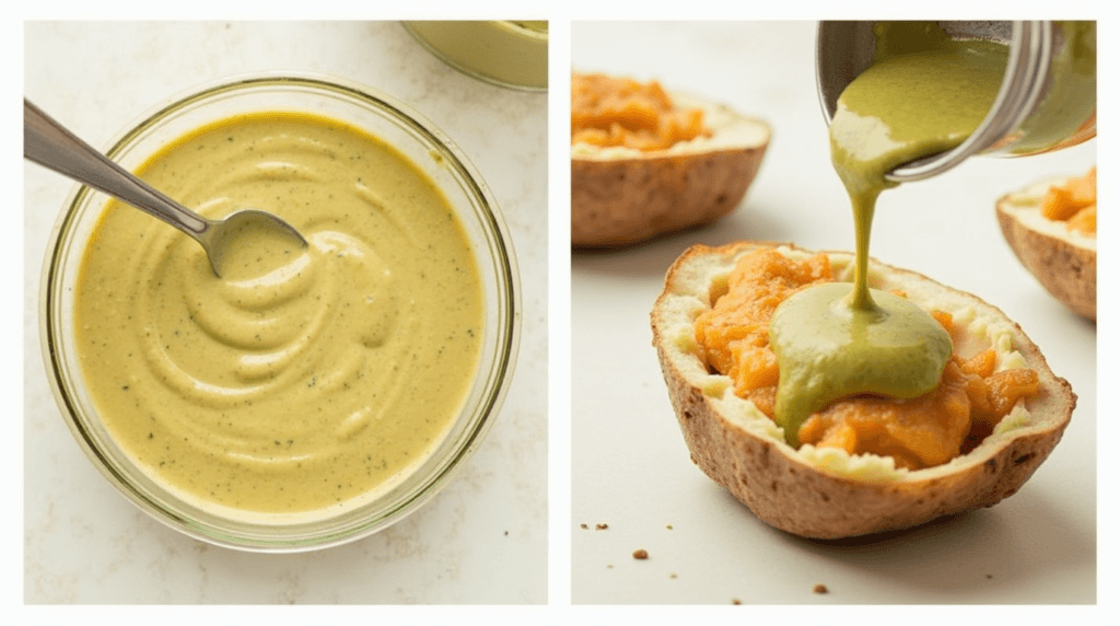 Outback Ranch Recipe: Creamy, Delicious, and Easy 4 Creamy ranch dressing being used as a marinade for chicken and drizzled over crispy baked potatoes, adding rich flavor and a smooth texture.