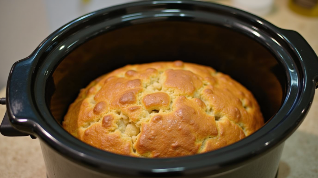 Slow cooker with golden brown bread inside