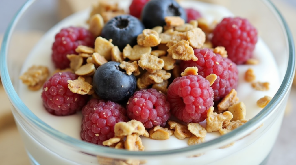 Yogurt topped with granola, berries, and nuts.